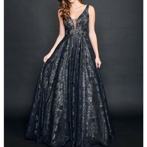 Nina Canacci nude and black lacy plunge neck formal dress 9140